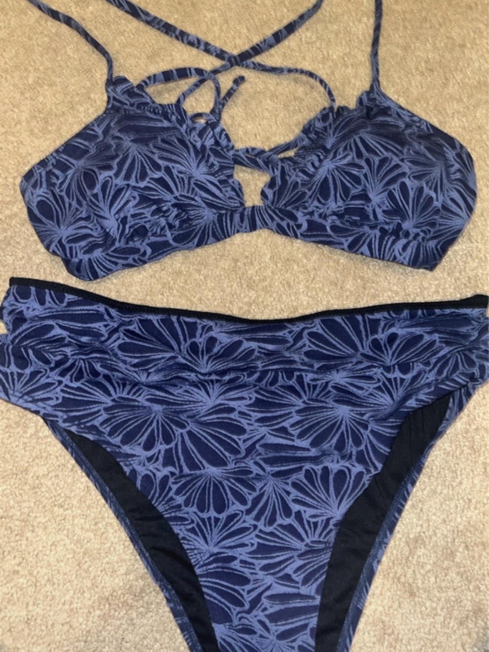 Cupshe Navy Blue Floral Lace-Effect Bikini Set